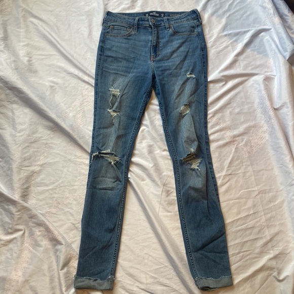 Hollister 27 Regular High Waisted Skinny Distressed Ripped Dark Blue Jeans - Picture 2 of 10